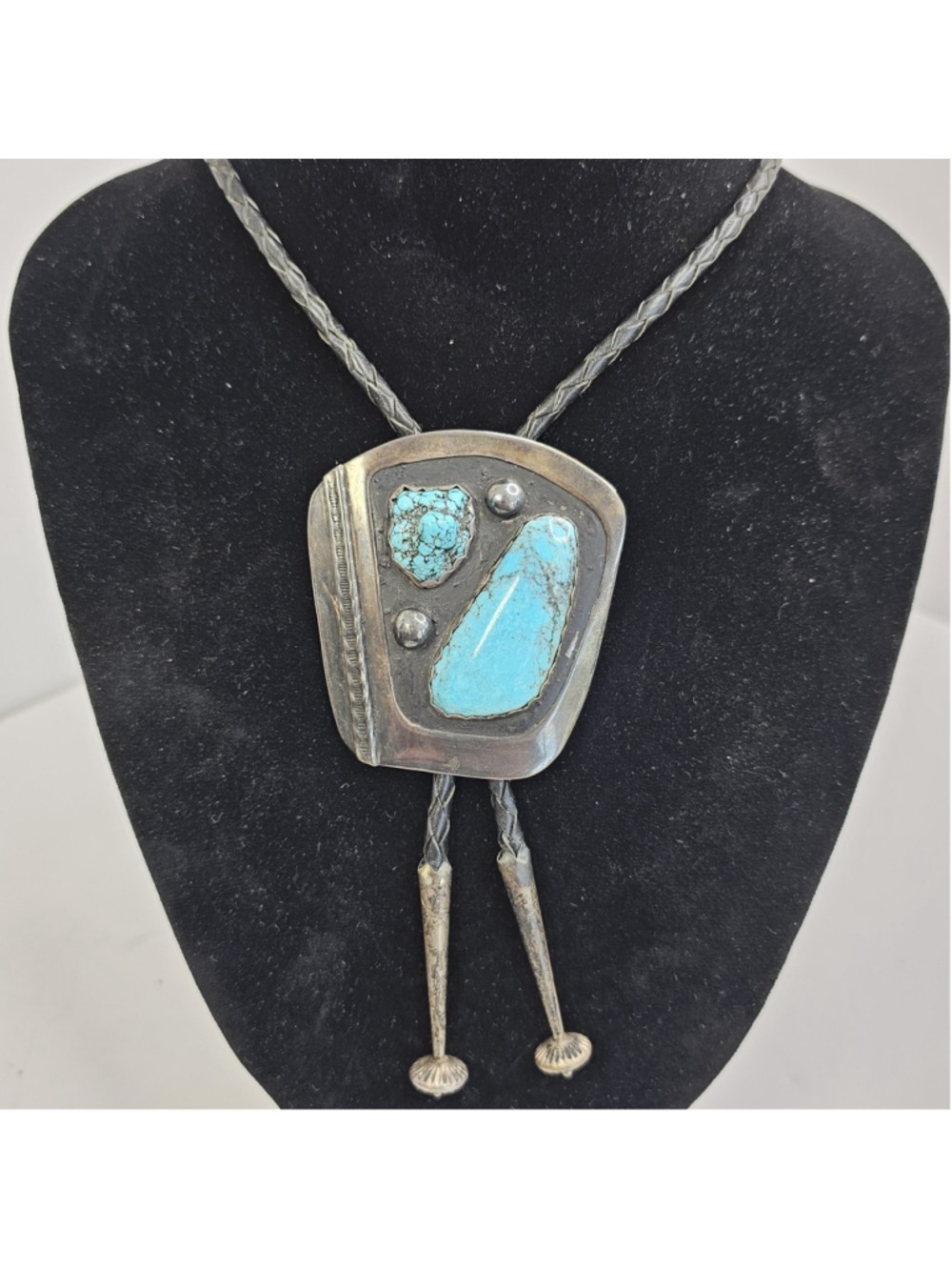 Vintage Navajo Sterling Silver Turquoise Bolo Tie Black Accent 65.87g...
